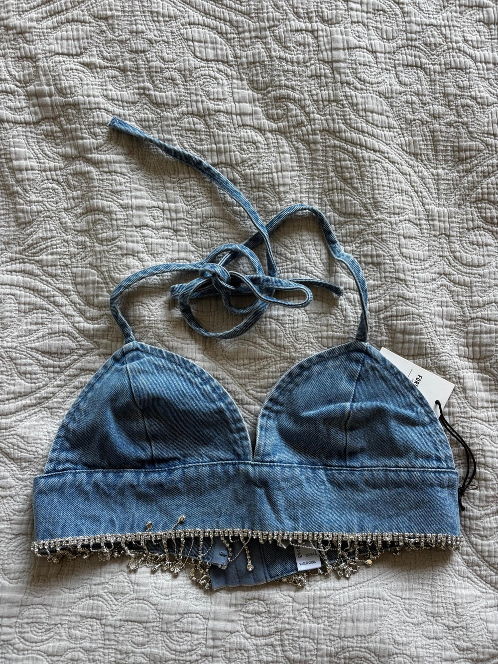 Forever 21 Light Blue Denim Halter Crop Top with Silver Beaded Fringe